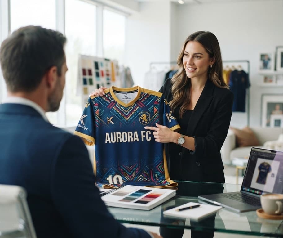 A designer presenting a custom sublimated football jersey to a client