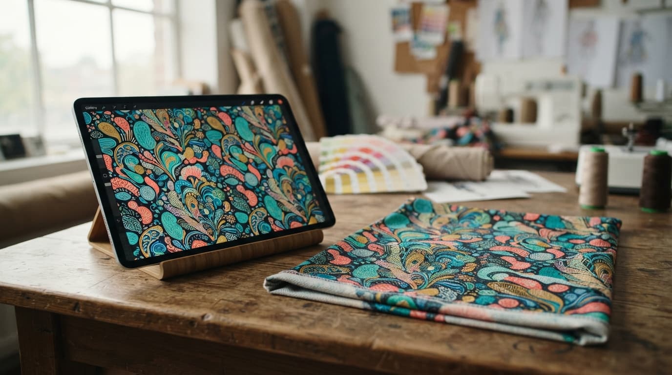 Digital artwork on a tablet beside the finished printed fabric