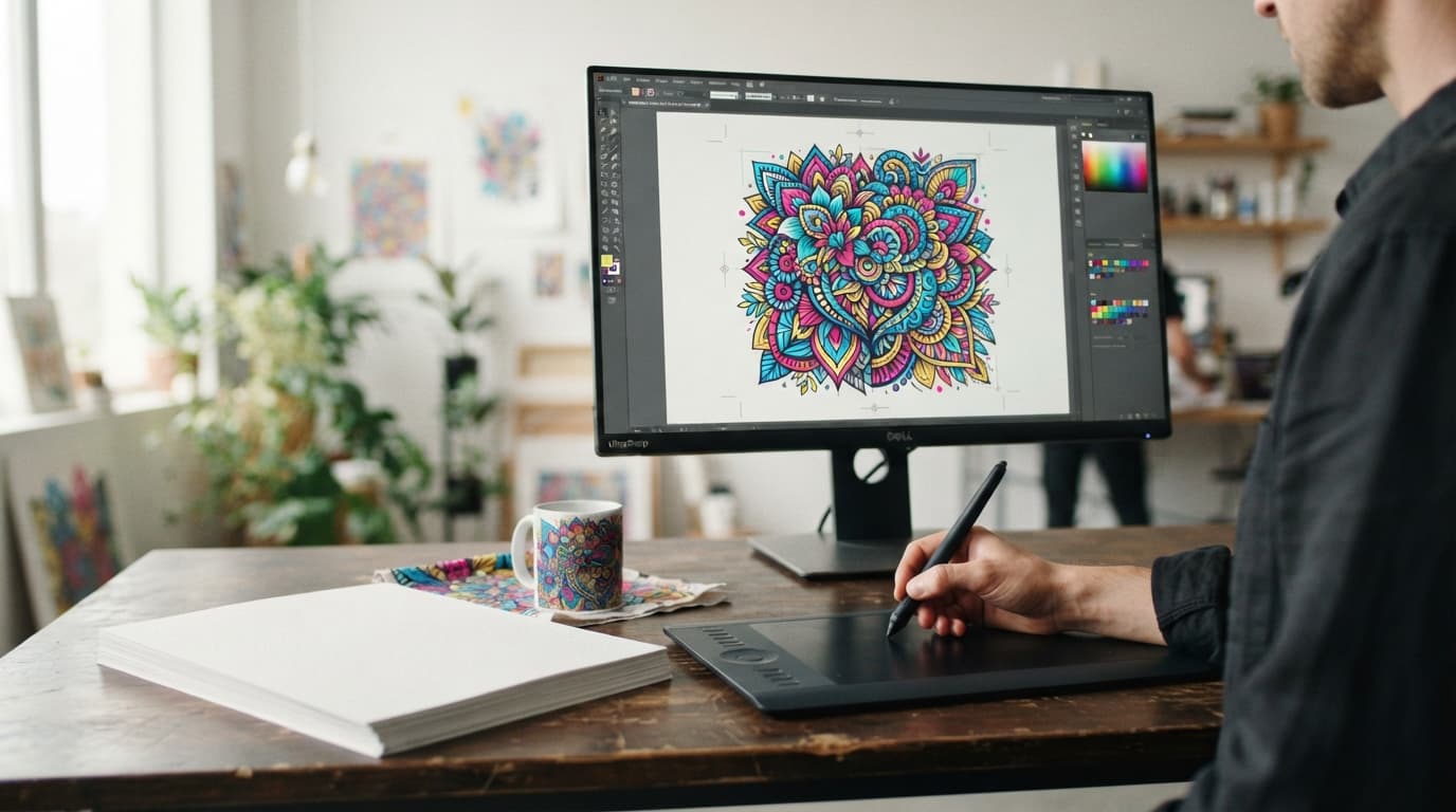 A designer finalizing artwork on a monitor with a drawing tablet