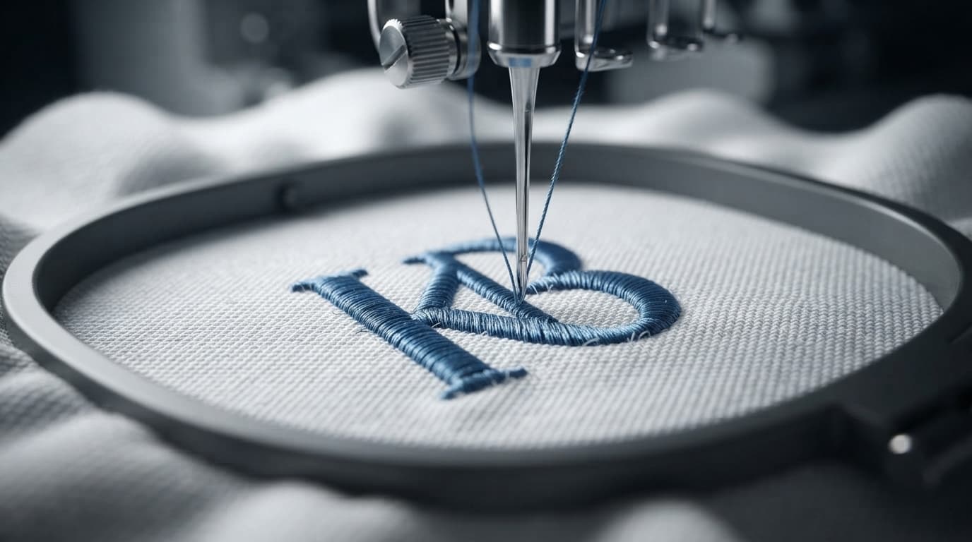 Close-up of a needle stitching the KB monogram inside an embroidery hoop