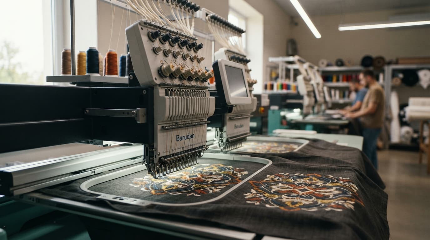 A multi-head embroidery machine stitching ornate designs onto dark fabric
