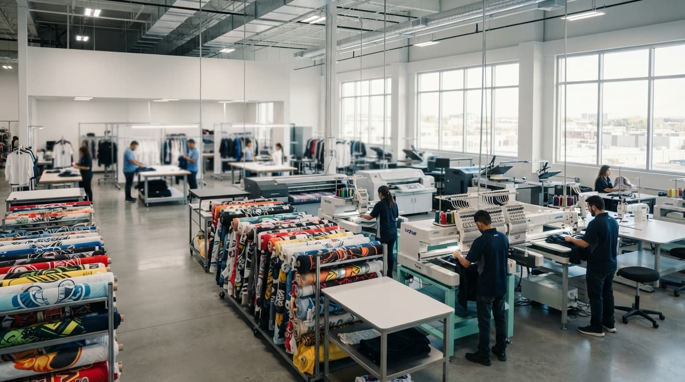 Kotton Bridge production floor with fabric racks, printers and embroidery machines