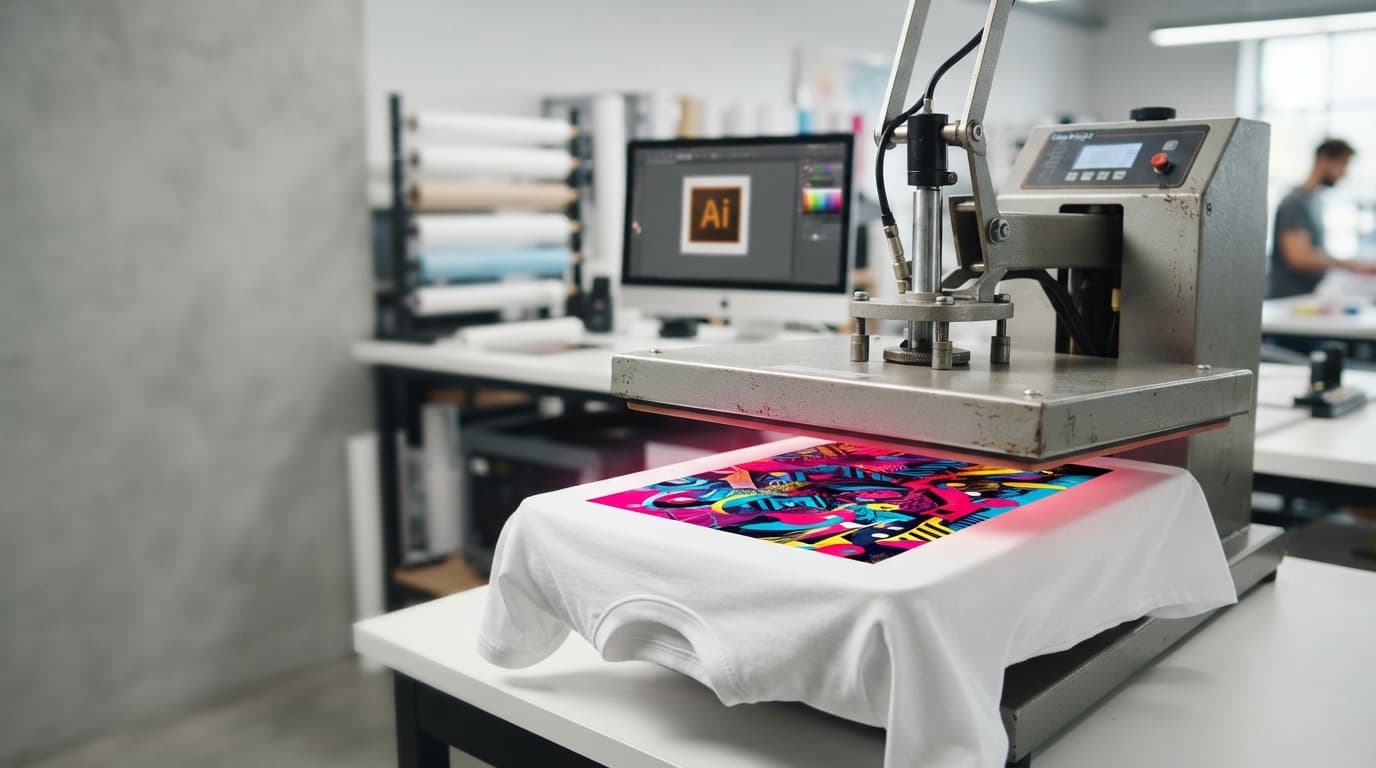 A heat press transferring a vivid graphic onto a white garment