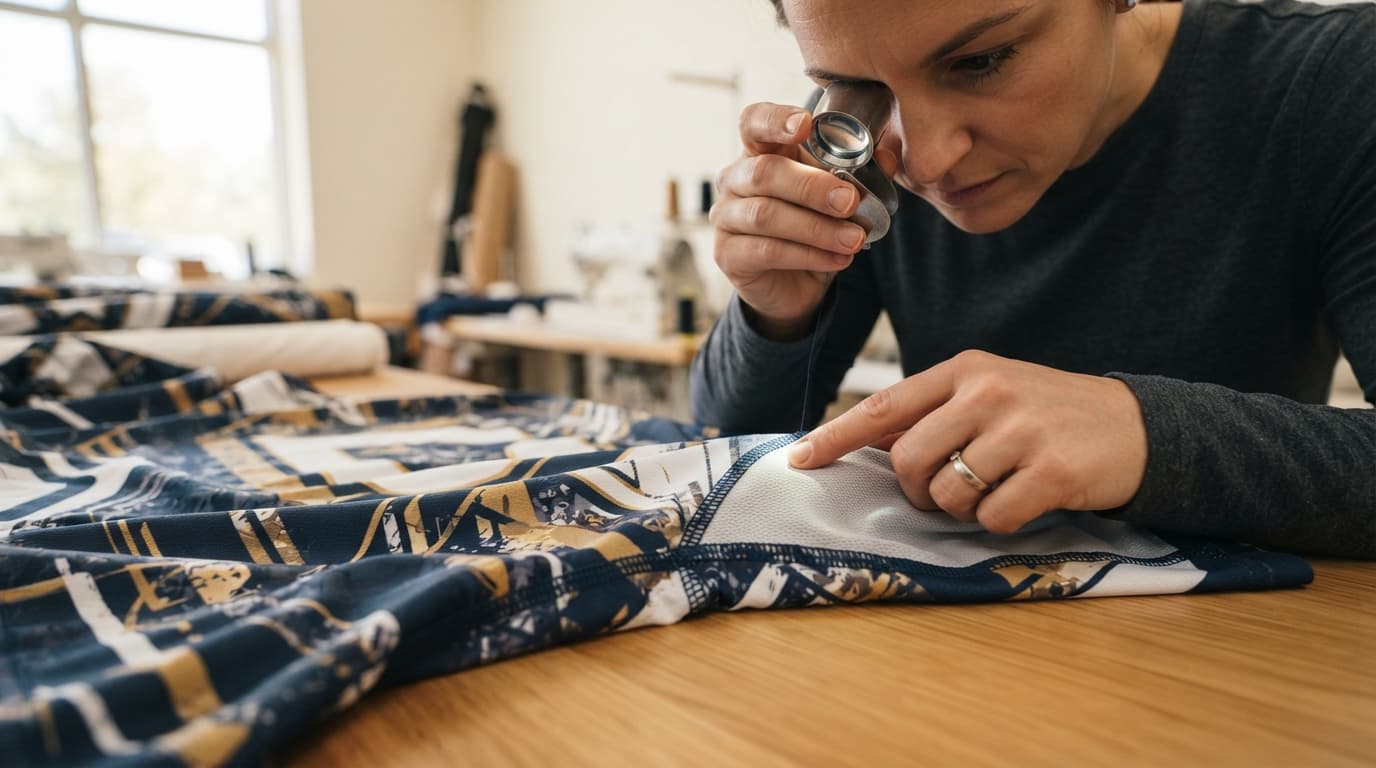 A quality inspector checking jersey stitching through a loupe
