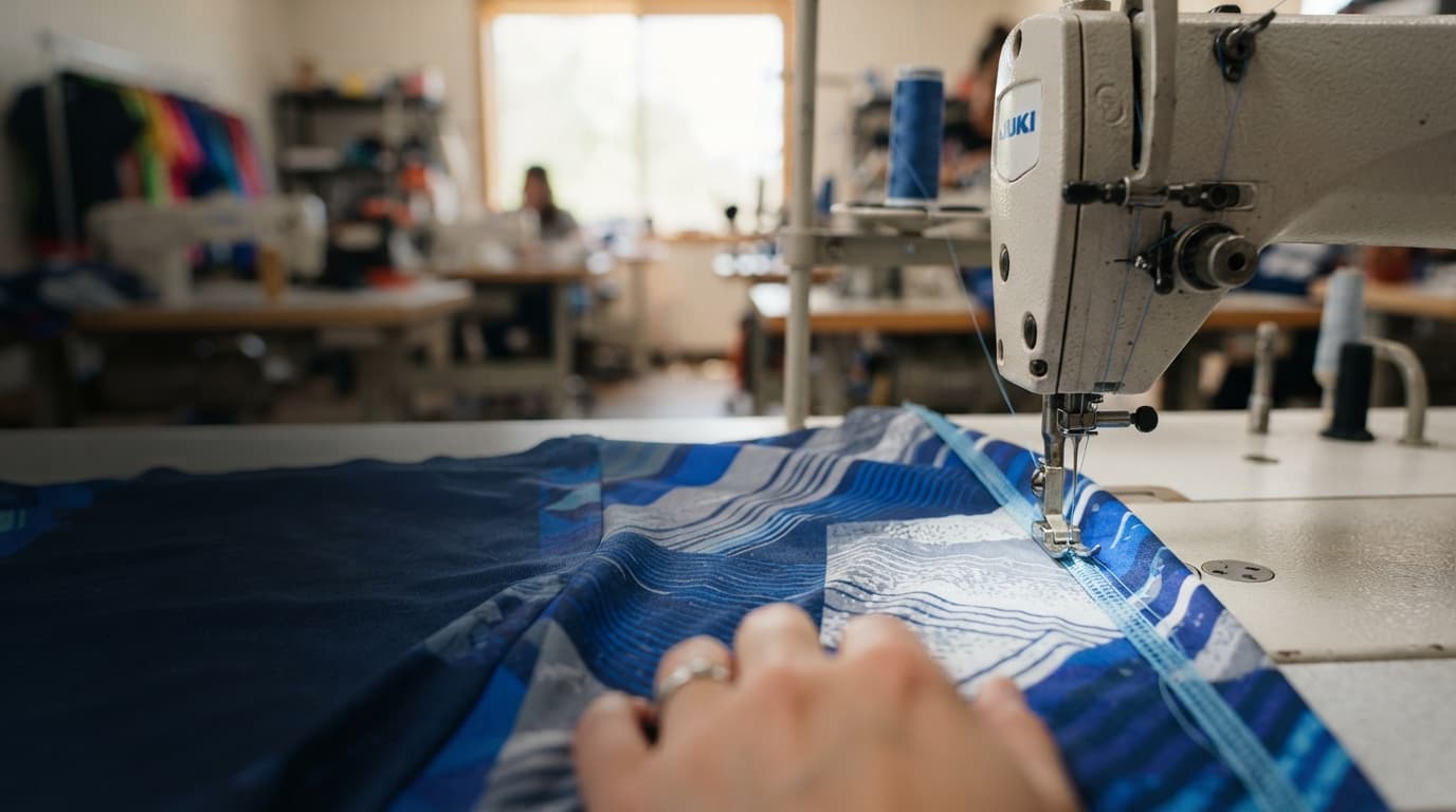 An industrial sewing machine stitching a blue sublimated garment